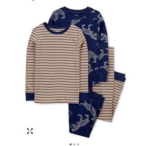 Carters Boys 4 Piece Pajama Set Navy Blue Dinosaur Skeleton Tan Striped Size 14